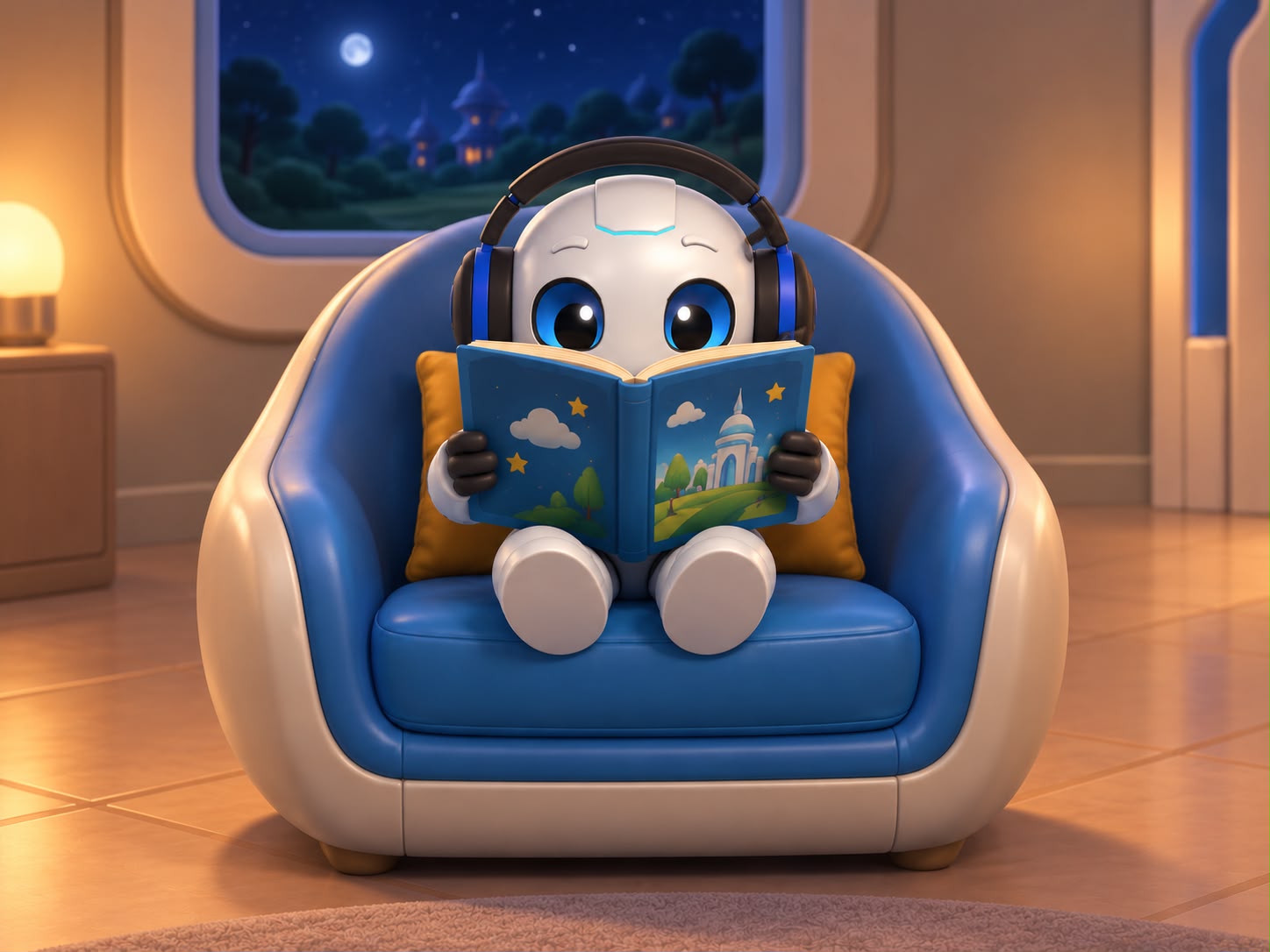 Rilo lit un livre dans un fauteuil bleu